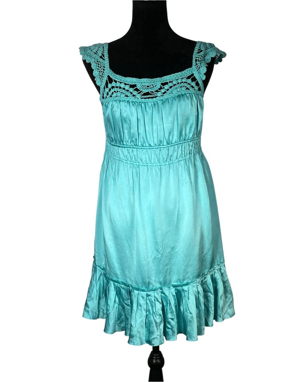Hale Bob Silk Babydoll Dress Turquoise Crochet Sundress Ruffle Y2K Bella Small
